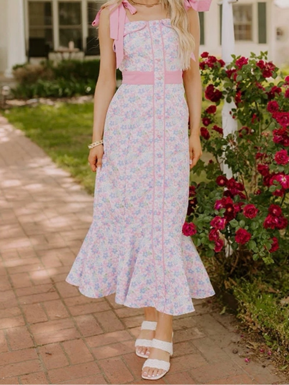 Pastel Pink Floral Midi Dress with Tie-Shoulder Straps